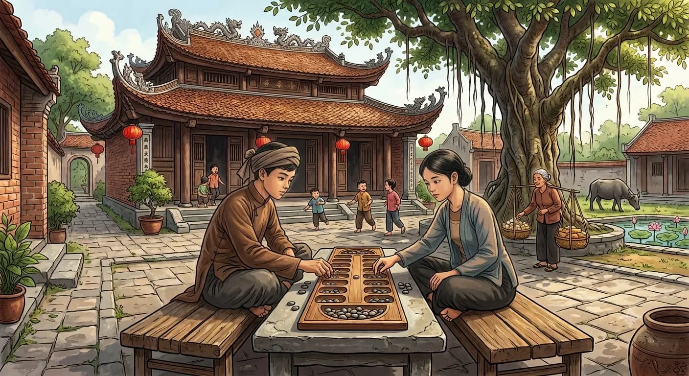 Hai người chơi ô ăn quan trên sân chùa làng, bên gốc đa